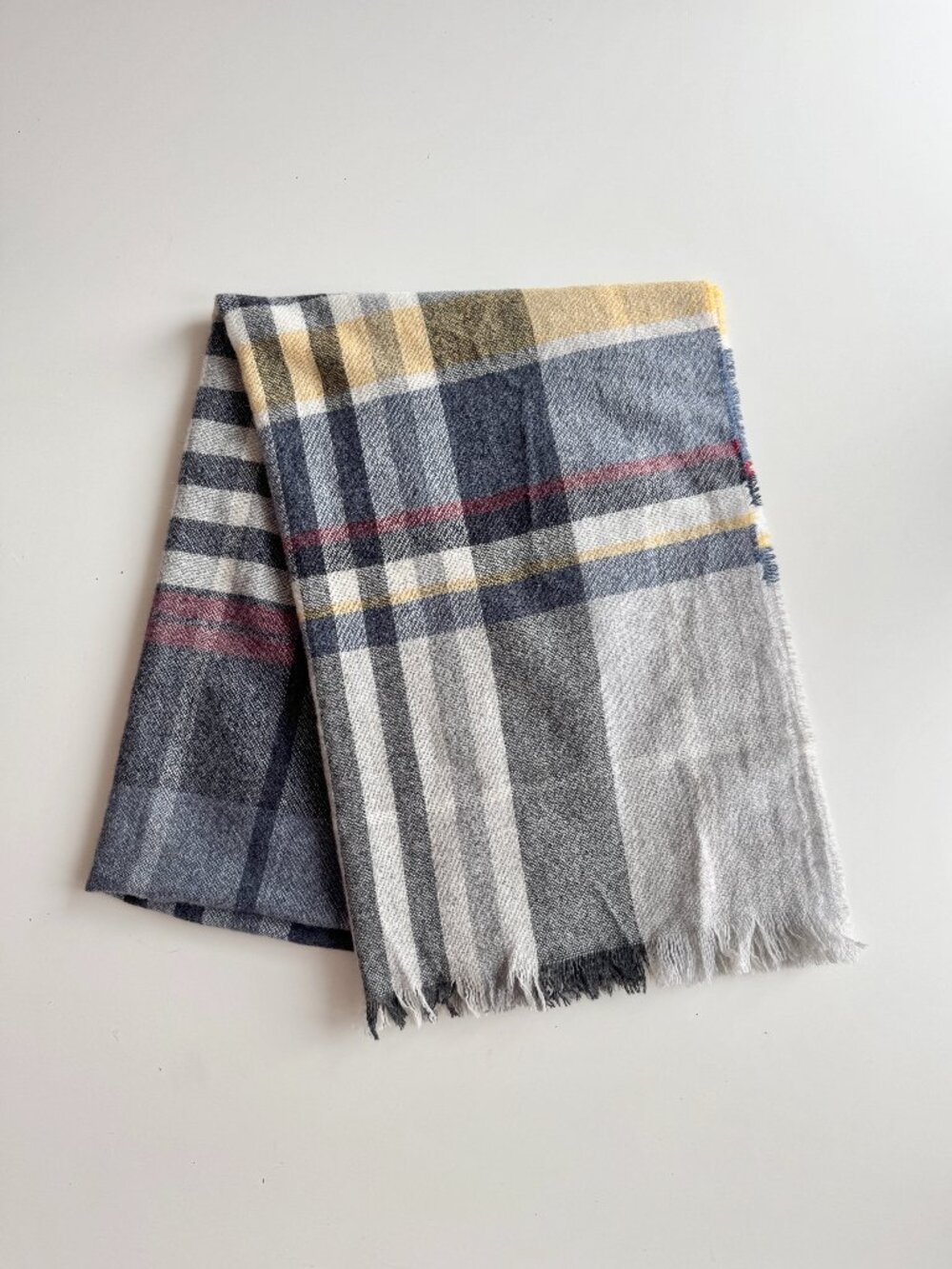 J.CREW Grey Navy Plaid Italian Wool Blend Fringed Shawl Blanket Scarf